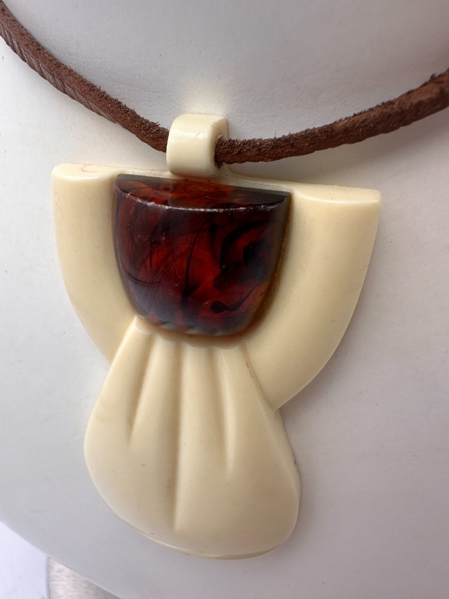 Collier Pendentif Lanvin Vintage En Résine Et Cuir - Style Art Déco, Occasion