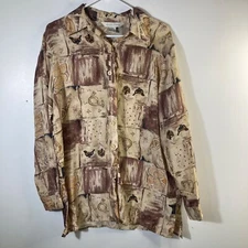 Womens Melrose Studio Silk Equestrian Graphic Shirt Tan Brown S Silk Oversized