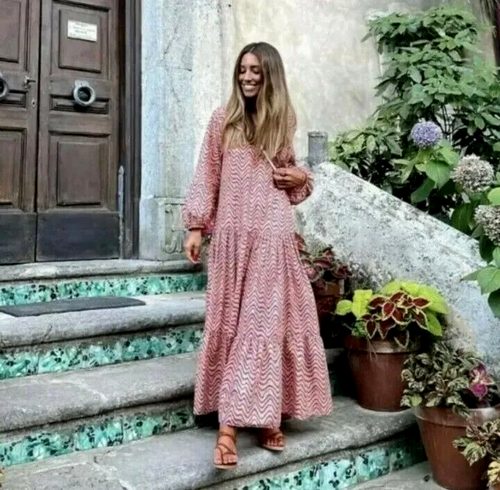 ABITO MAXI CAFTANO ZARA ROSA SALMONE STAMPATO BOHO COLLO A V MIDI TAGLIA L 14 16 - Foto 3 di 7