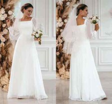 Simple Chiffon A Line Wedding Dresses Long Sleeves Square Neck Bridal Gowns