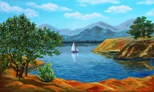 LANDSCAPE Oil painting canvas on panel 12x20in SEASCAPE Sailboat Original Art