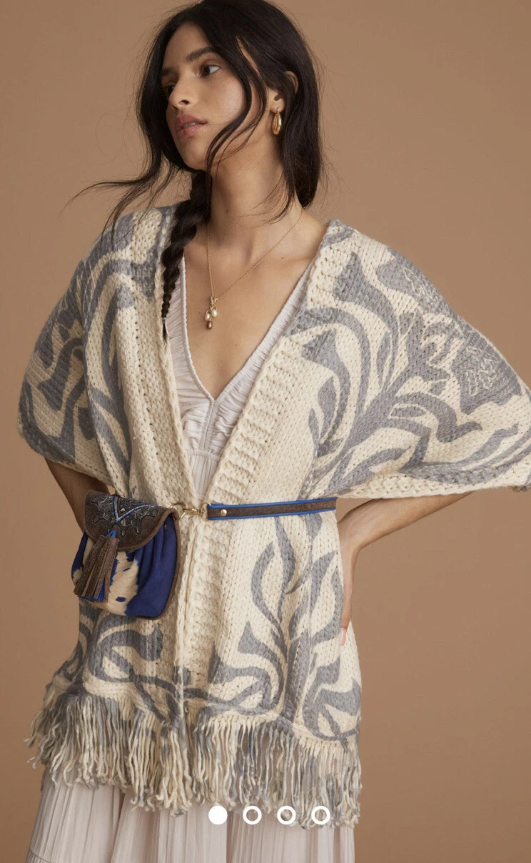 Anthropologie Fringed Duster Cardigan Poncho Floral Print Blue Gray Ivory OS NEW