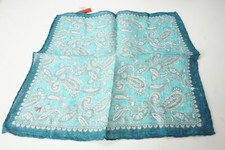 Isaia Teal Blue White Paisley 100 Linen Pocket Square Italy New