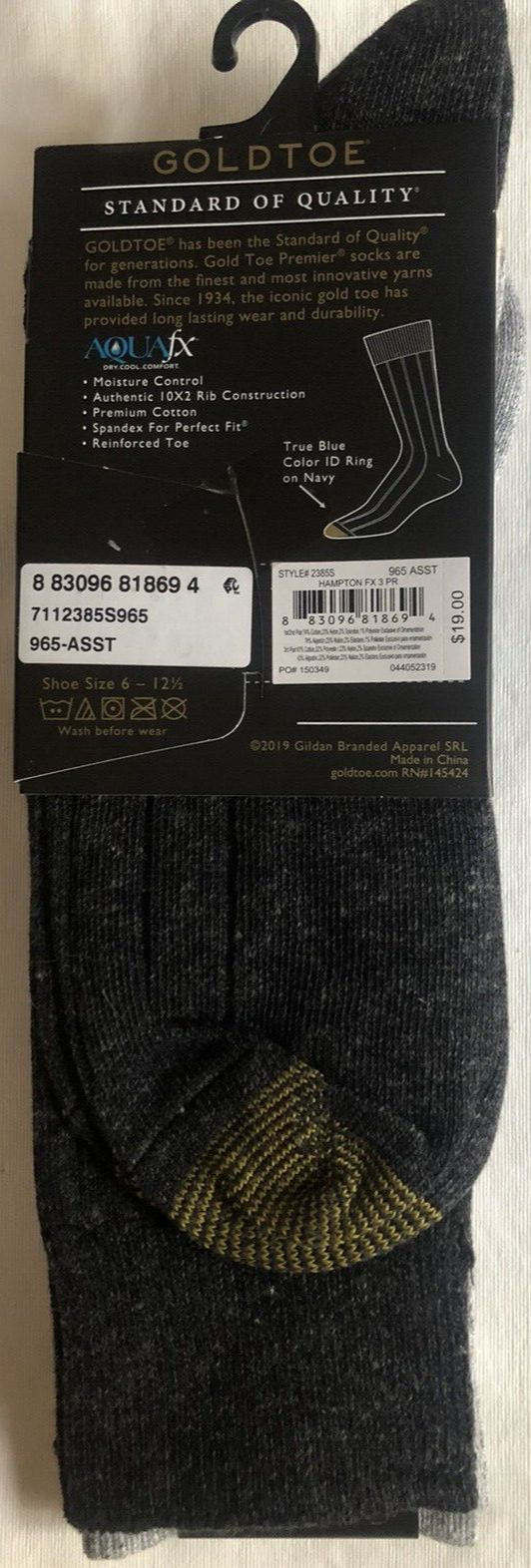 Gold Toe Men's 3Pk Hampton Premium Cotton Crew Socks Grey Tan ChC Shoe