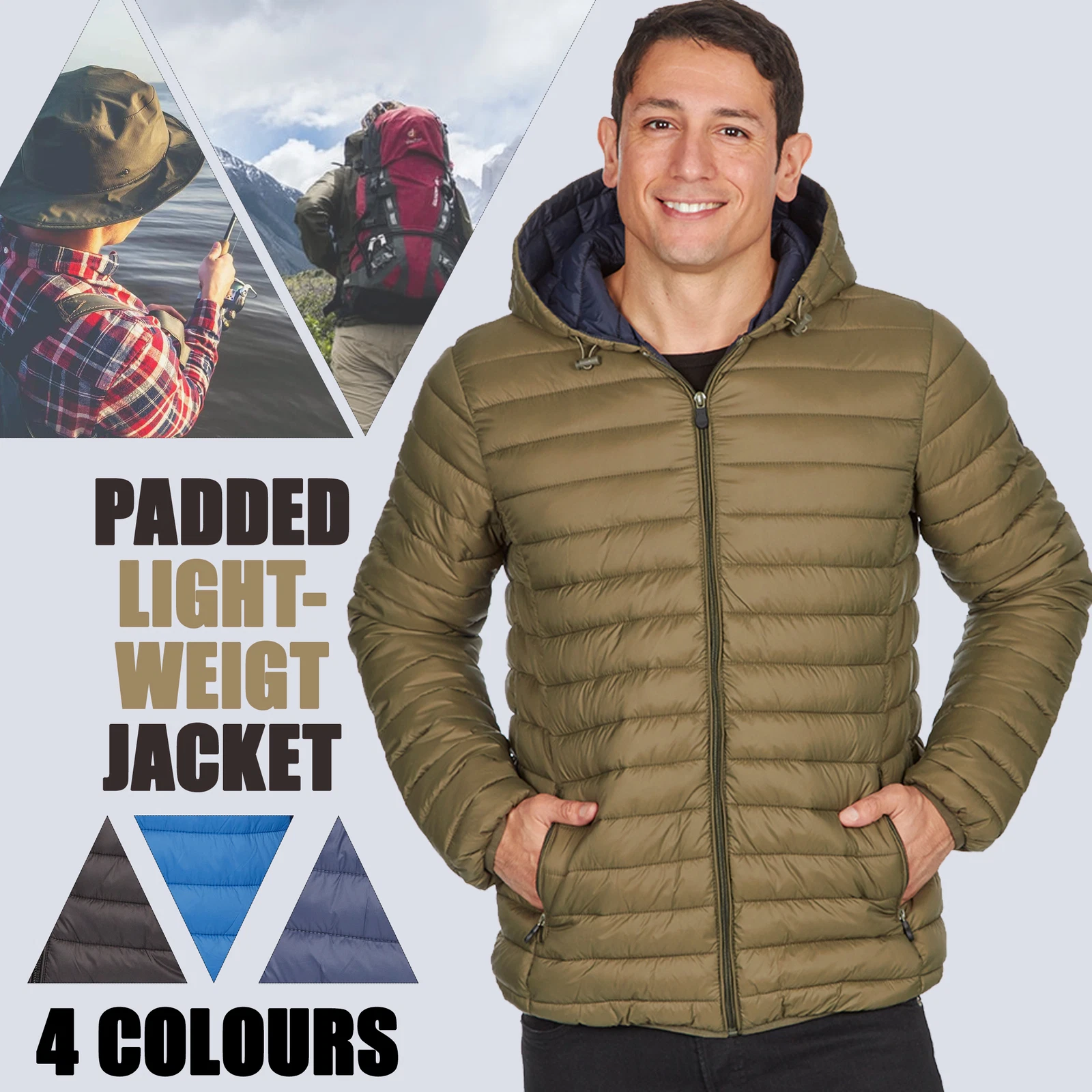 Mens Puffer Hooded Jackets Quilted Lightweight Coats Casual Padded Windproof NEW