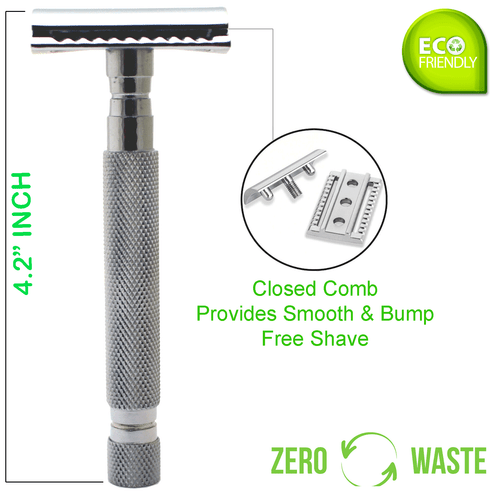 STAINLESS STEEL 4.2" LONG DOUBLE EDGE SAFETY RAZOR FOR MEN + 10 SHAVING BLADES - Picture 3 of 6