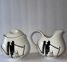 Vtg Calligraphy Cream & Sugar Set Black White Sango Larry Laslo 1992