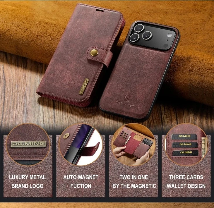 Funda tipo billetera de cuero DG Ming para iPhone 17 Pro y 17 Promax, vidrio templado libre Foto 2 de 4