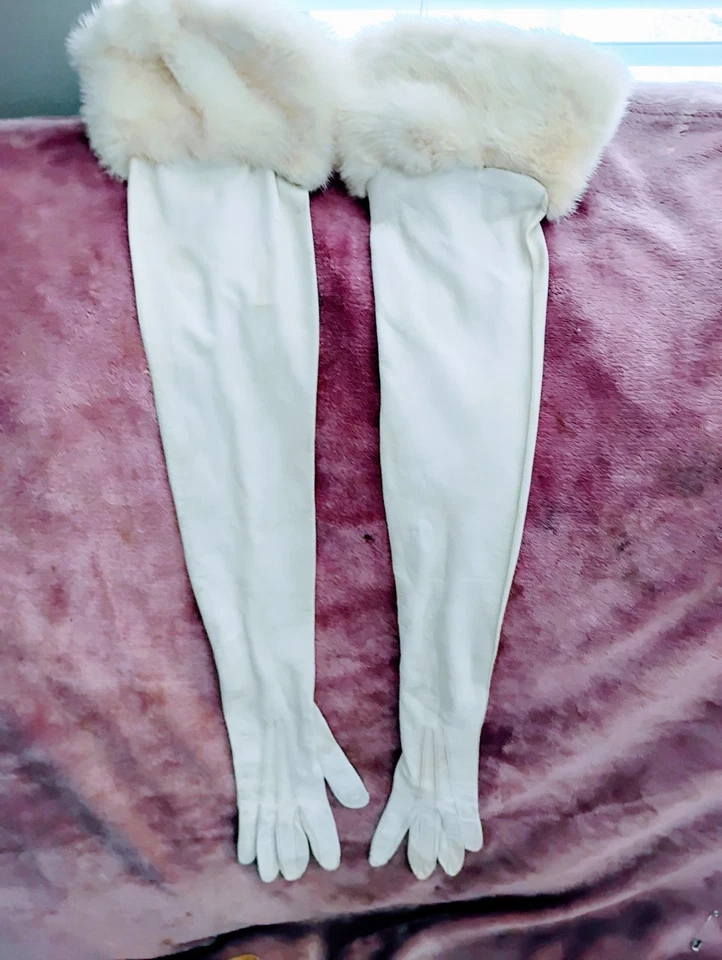 Luvas de couro branco infantil 26" punho branco vison casamento requintado - Imagem 4 de 4