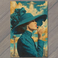 POSTCARD Retro Woman Smoking UFO Over Seattle Space Needle Sci Fi Fashion Teal O