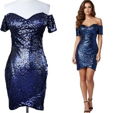 NEW Bebe Drew Blue Sequin Off-the-Shoulder Cocktail Party Prom Dress Medium