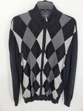 Club Room Sweater Mens XL Black Gray Argyle Diamond Zip Up Preppy Cardigan