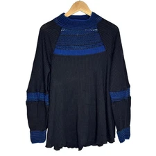 Free People Black Blue Snow Day Crochet Knit Thermal Swing Tunic Sweater Size M