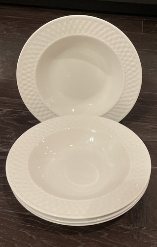 Oneida Wicker Basket Weave 9" Bowl Rimmed Soup Salad Pasta White Set Of 4
