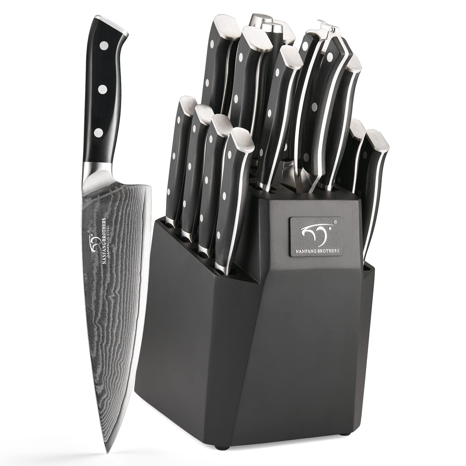 NANFANG BROTHERS Knife Set, 18-Piece Damascus Kitchen Knife Set with Block, A...