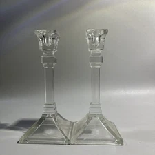 Set of 2 Vintage MCM Taper 8" Clear Glass Candlestick Holder