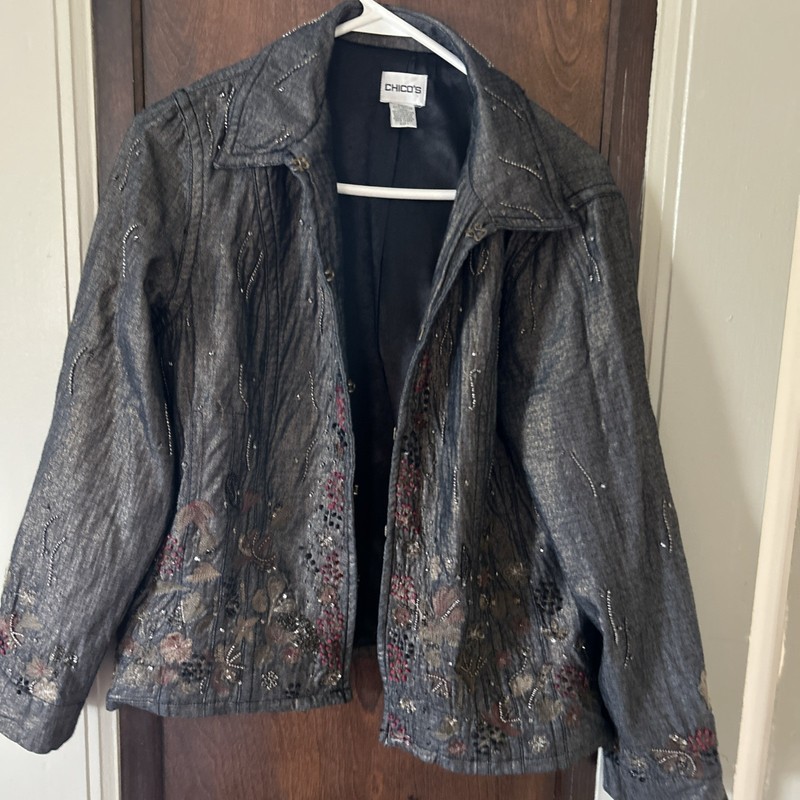 Chicos Womens  1 Long Sleeves Jacket Beaded Sequin Cotton Denim Gray Lined