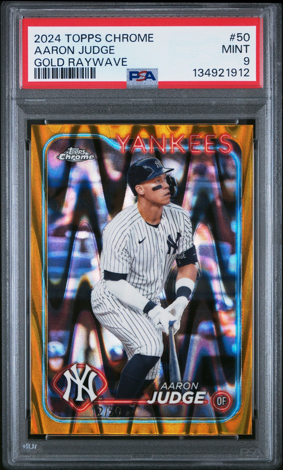 2024 TOPPS CHROME GOLD RAYWAVE #50 AARON JUDGE 12/50 PSA 9
