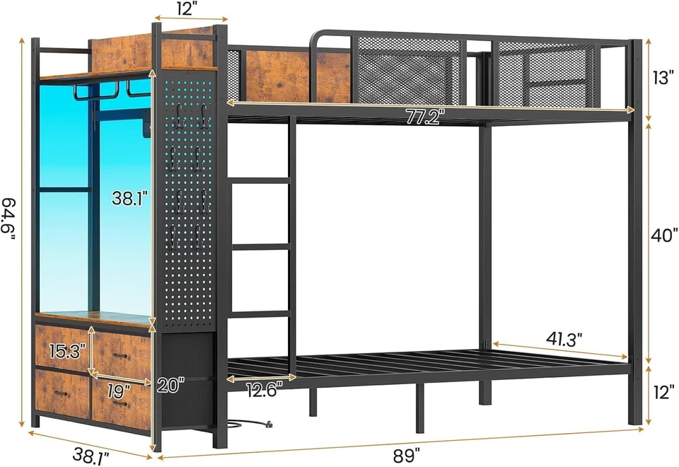 Litera de metal con árbol de pasillo, litera LED con 4 cajones de almacenamiento Twin Over Twin Foto 3 de 4