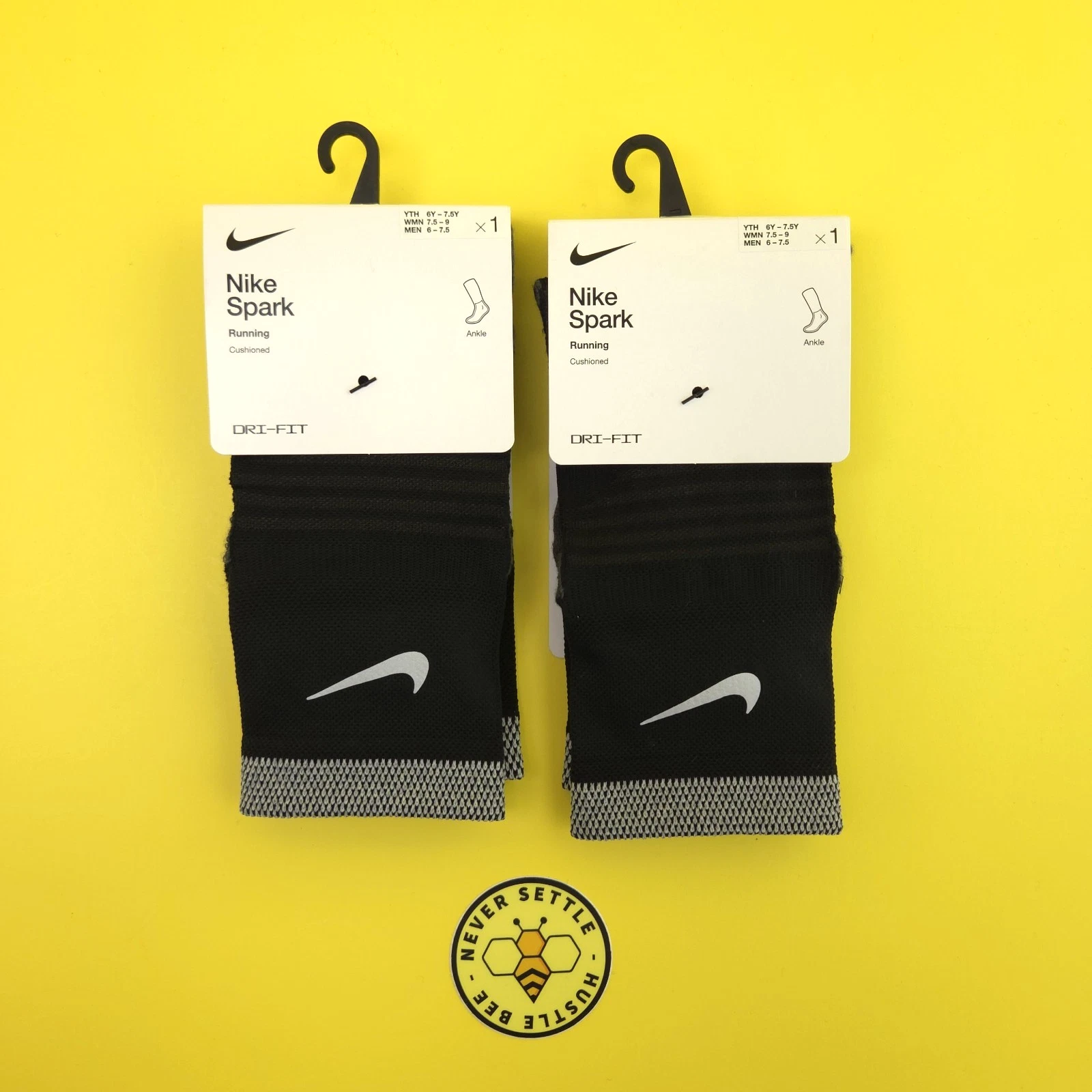 2 Pack Nike Spark Running Socks 7.5-9 Womens 6Y - 7.5Y Black Cushioned Ankle