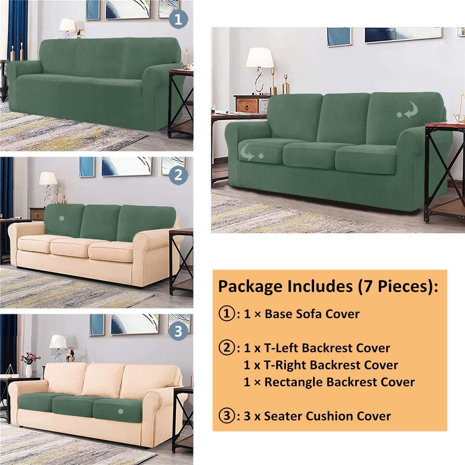 7 Piece Stretch Sofa Covers for 1Base Cover 3 Cushion Couch Cover and 3 Backr...