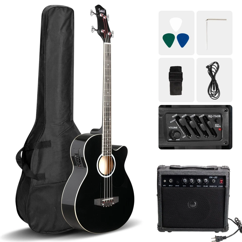 🎸FREE SHIPPING!🎸+AMP! Acoustic-Electric Bass Guitar +Soft Case +Strap +Picks! - Image 2 of 4