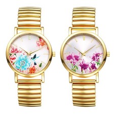 Women Elastic Strap Boho Colorful Flower Painting Dial Analog Quartz Wrist Watch