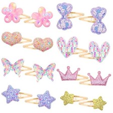 Hair Clips Set: 16 Sparkly Metal Snap Barrettes for 1 Count Pack of 16