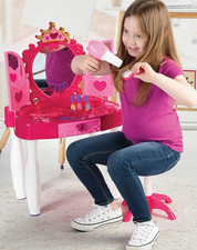 Pretend Play Girls Makeup Table Set 21 Pcs with Stool, Kids Vanity Set W/Mirror