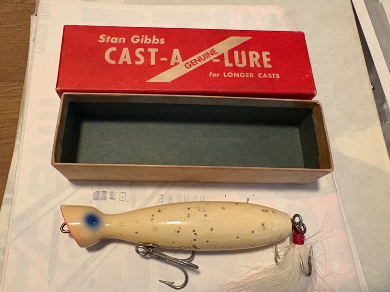 Stan Gibbs Cast-A-Lure vintage WhitePopper fishing lure in original box.