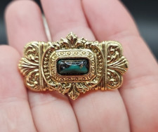 Vintage Art Deco Style Gold Tone Floral Rhinestone Brooch Green Faceted Stone