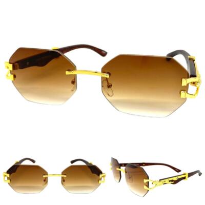 Men Classy Elegant Modern Retro Hip Hop SUNGLASSES Rimless Gold Frame Honey Lens