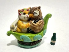 Vintage Trinket Box Owl And Cat Bride & Groom In Genie Lamp