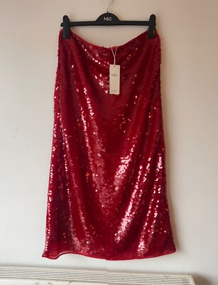 M&S Collection Red Sequin Midaxi Pencil Skirt size Long UK