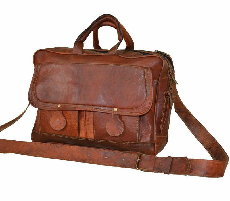 Large Real Goat Leather Vintage Brown Messenger Shoulder Laptop Bag Briefcase