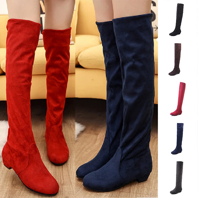 Women Winter Red Stretch Suede High Low Heels Over The Knee Long