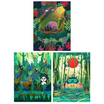 3er Pack Kinder Dschungel Abenteuer Regen Wald Tiere ungerahmt Kunstdrucke Set A4