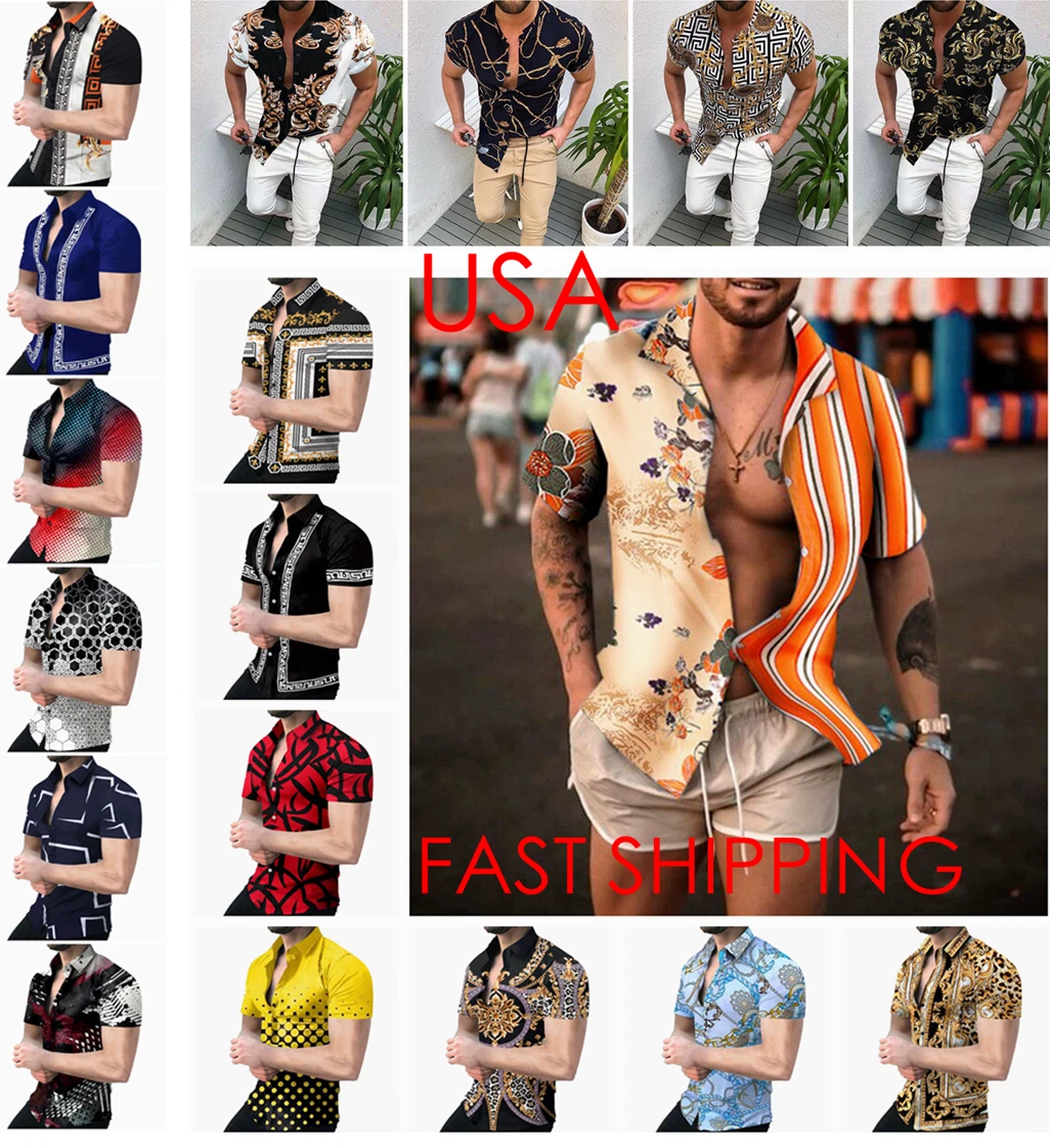 Button Up Shirts Men Down Fashion Hawaiian Short Sleeve T Silky Soft Party Dress