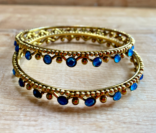 Vintage Gold and Blue Rhinestone Pair of Bracelets - Picture 5 of 9