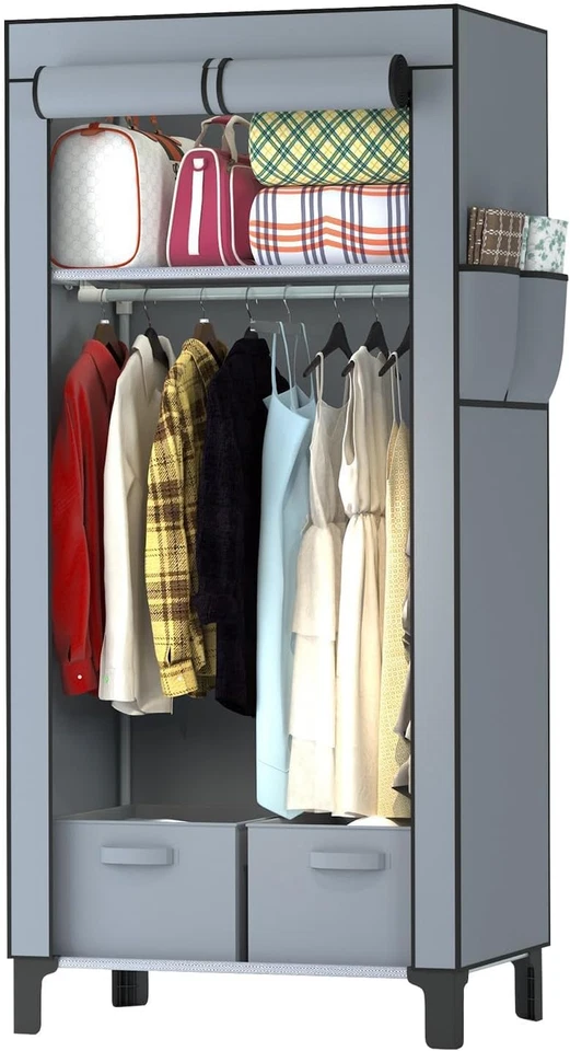 Stoffkleiderschrank Faltbarer Kleiderschrank mit 2 Aufbewahrungsboxen Seitentasc