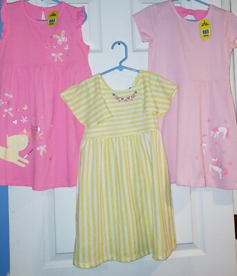 Lot of 3 Girl's Summer Sun Dresses by Lightning Bug Size 5 yellow pink unicorns