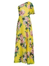 Eliza J Size 6 Yellow One Shoulder Floral Print Chiffon Maxi Dress Gown
