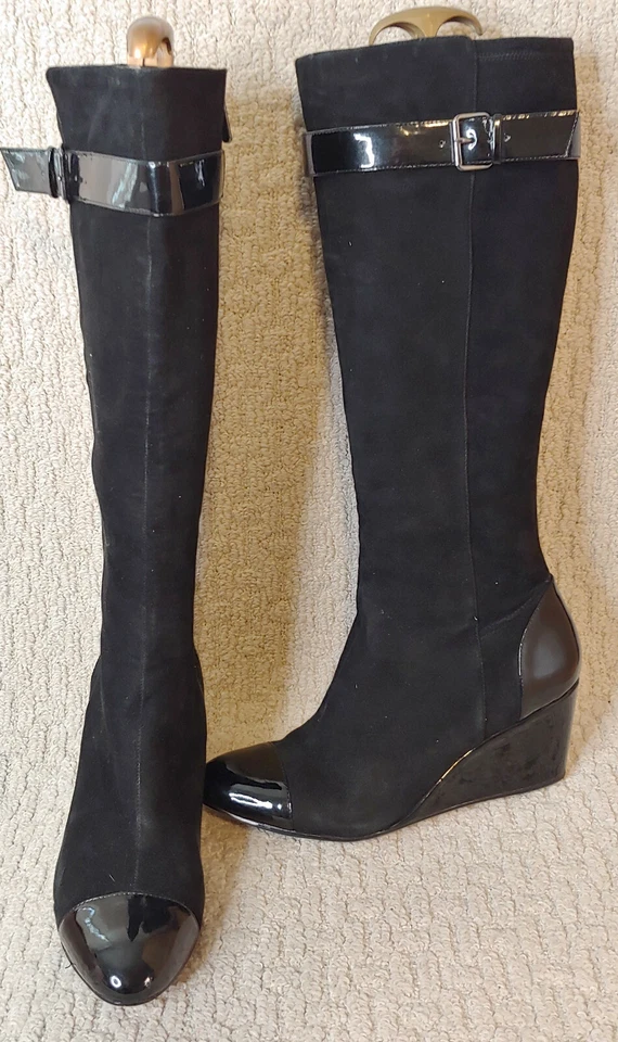 Taryn Rose Black Suede + Patent Leather Tr-Kura Boots 10M Knee High Wedge - Image 3 of 4