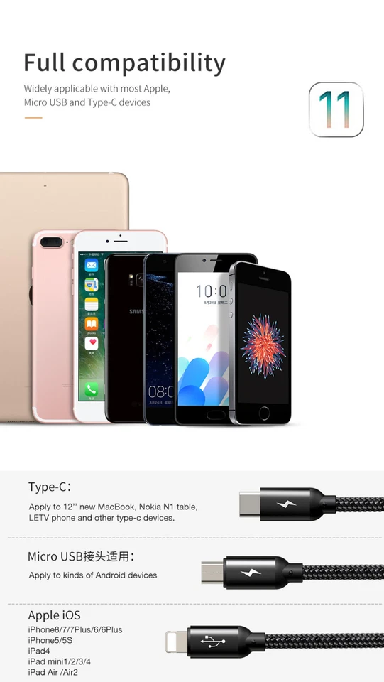 Mcdodo 3 in 1 Nylon Cable iPhone/Micro USB/Type C Sync charge for All Devices - Image 3 of 4