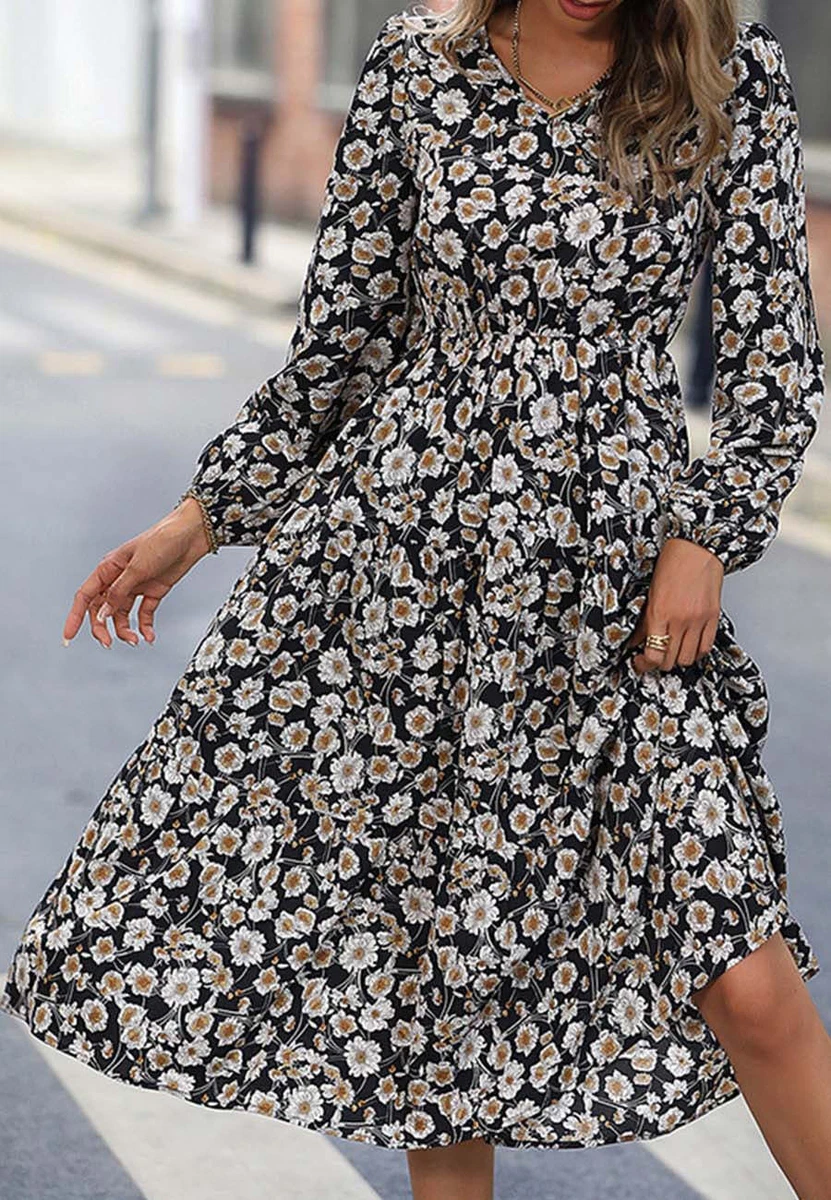 Vintage Floral Fall Midi Dress Boho Swing Flowy Dress Casual