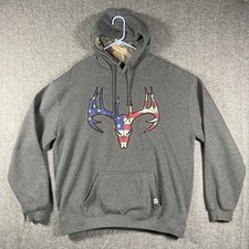 Buck Wear Hoodie Mens 2XL Gray American Flag Deer Antler Skull Graphic Camo