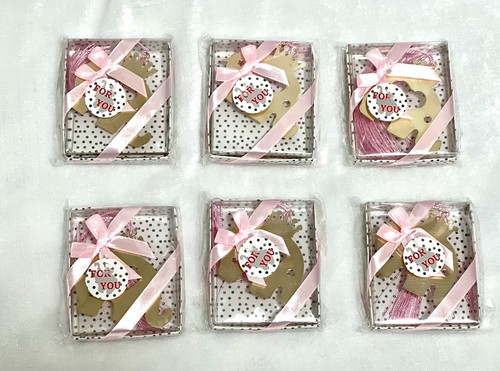 Set of 6 Baby Shower Elephant Bookmarks, Gold w/ Pink Accents, Gift Boxed W/ Bow