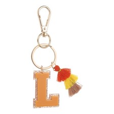Initial Letter Keychain Cute Alphabet Letter-L Charm with Tassel Yellow Brown