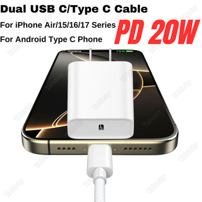 Fast Charger For iPhone Air 17 16 15 Samsung 20W Type C Block USB C Type C Cable
