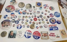 Vintage Political Button Pins Lot Of 77 (Plus Sugar Packet - Hanging Tag)-AS IS